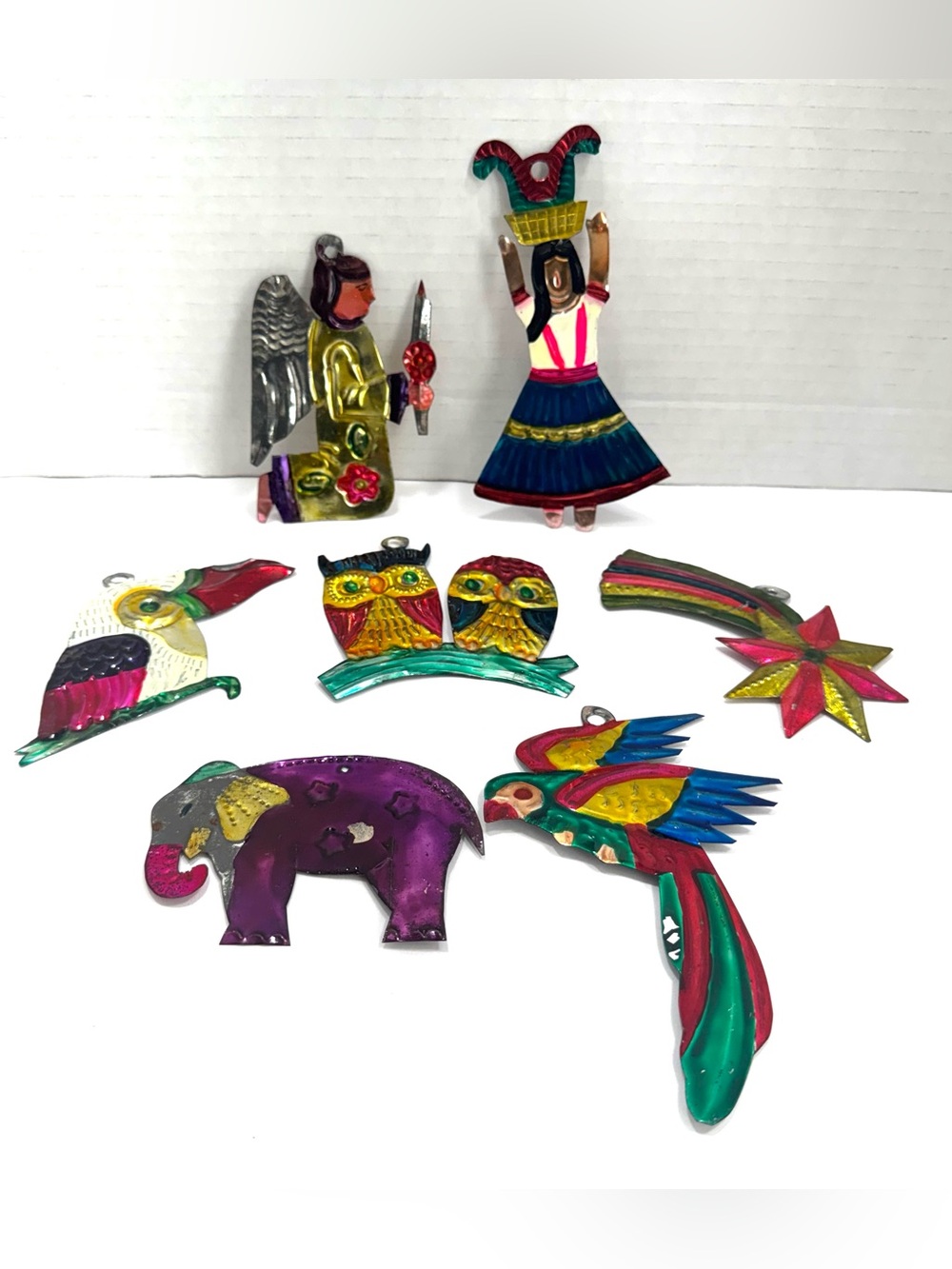 handcrafted Mexican folk art punched and hand-painted tin ornaments, Lot Of 7